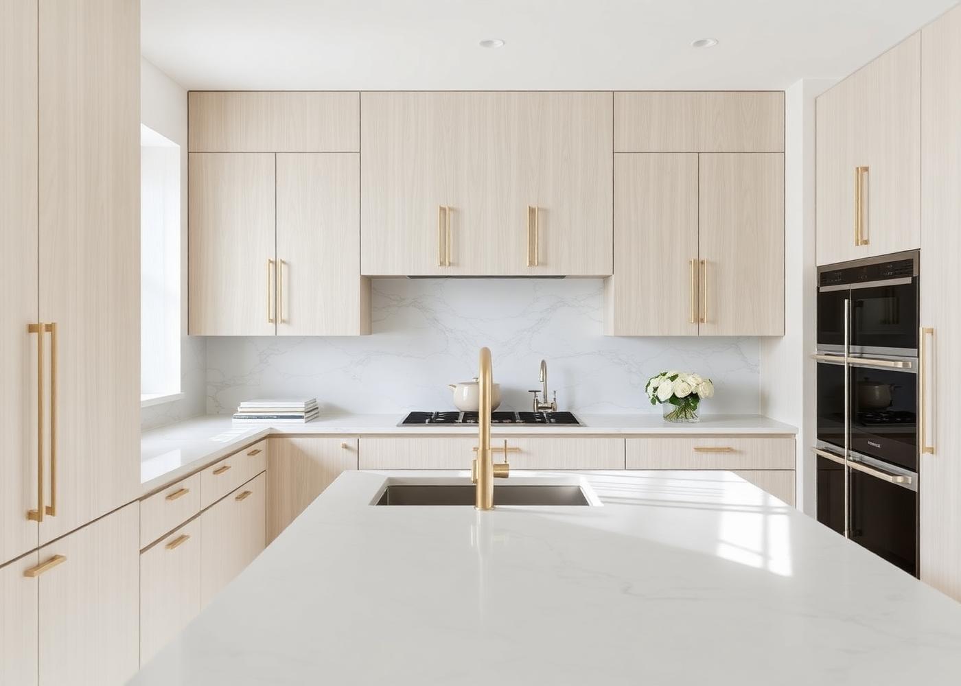 Cocina amplia con cabinetes de roble y herrajes en latón
