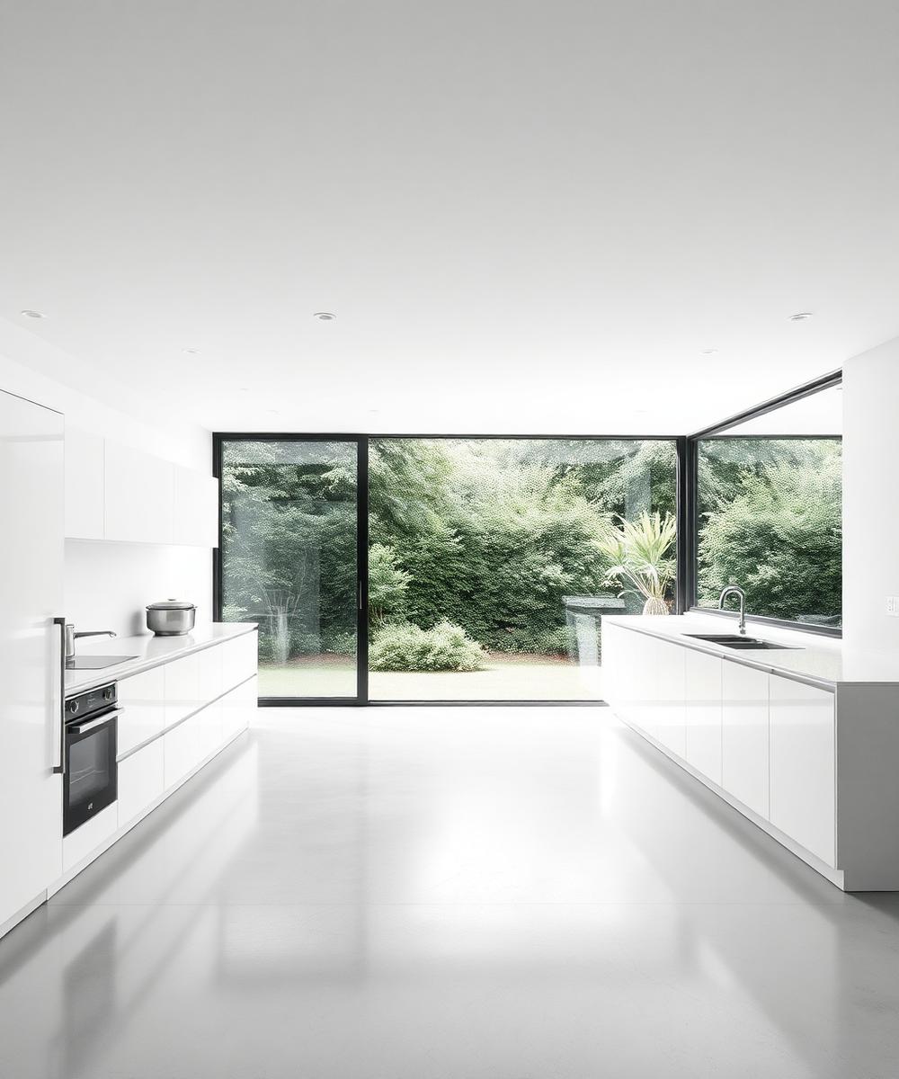 Cocina minimalista en blanco con vista al jardín