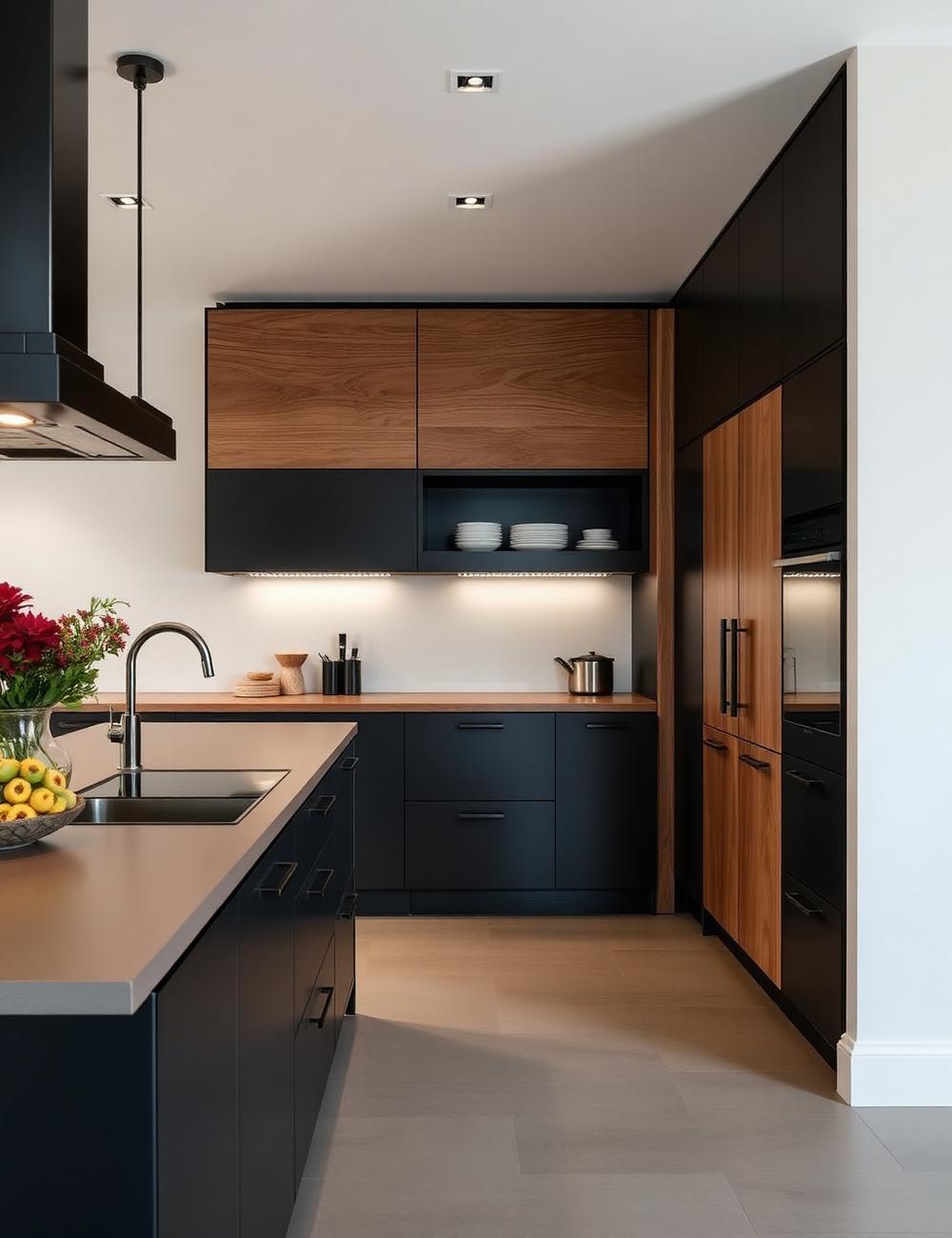 Cocina negra con detalles de roble